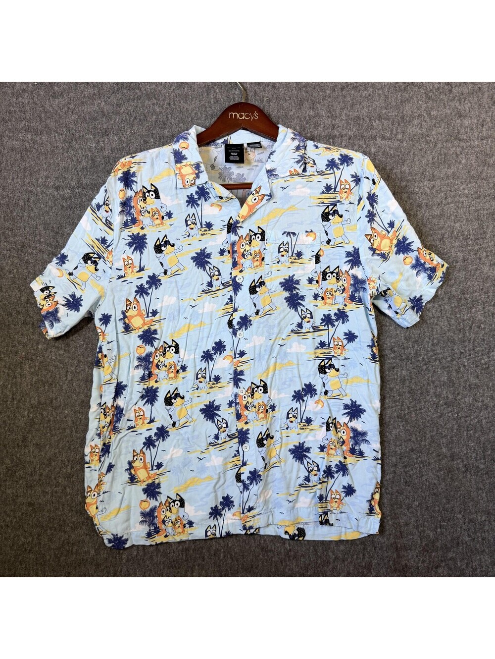 Bluey Shirt Mens Large Blue Hawaiian Short Sleeve Button Up Cartoon Beach Print